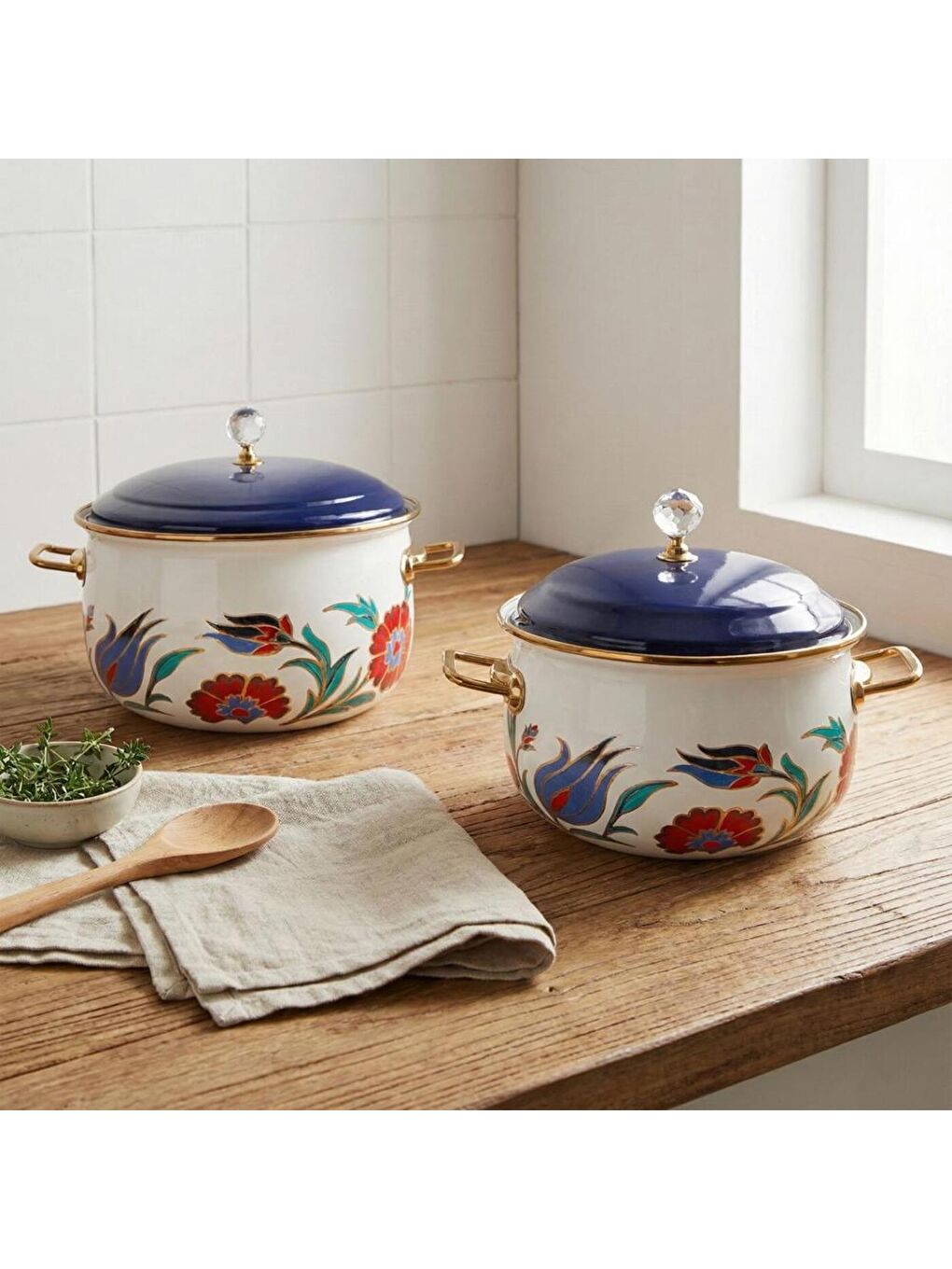 Karışık 20-24 Cm Emaye 2'li Derin Bombeli Premium Tencere Seti 4 Lt-6.2 Lt