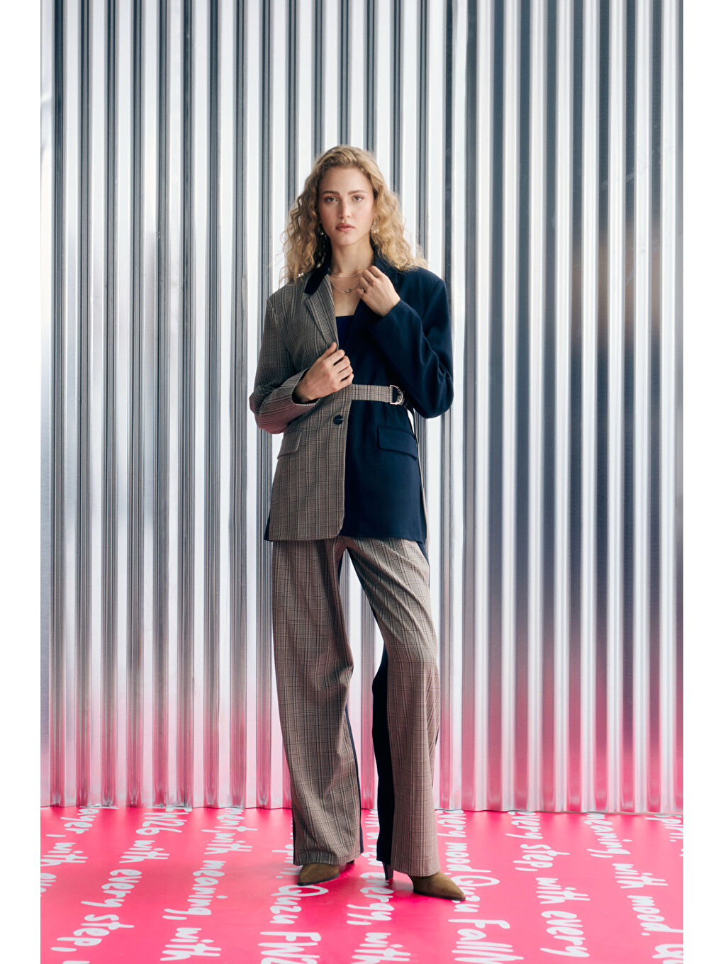 Ekose Garnili Bol Paça Pantolon Lacivert