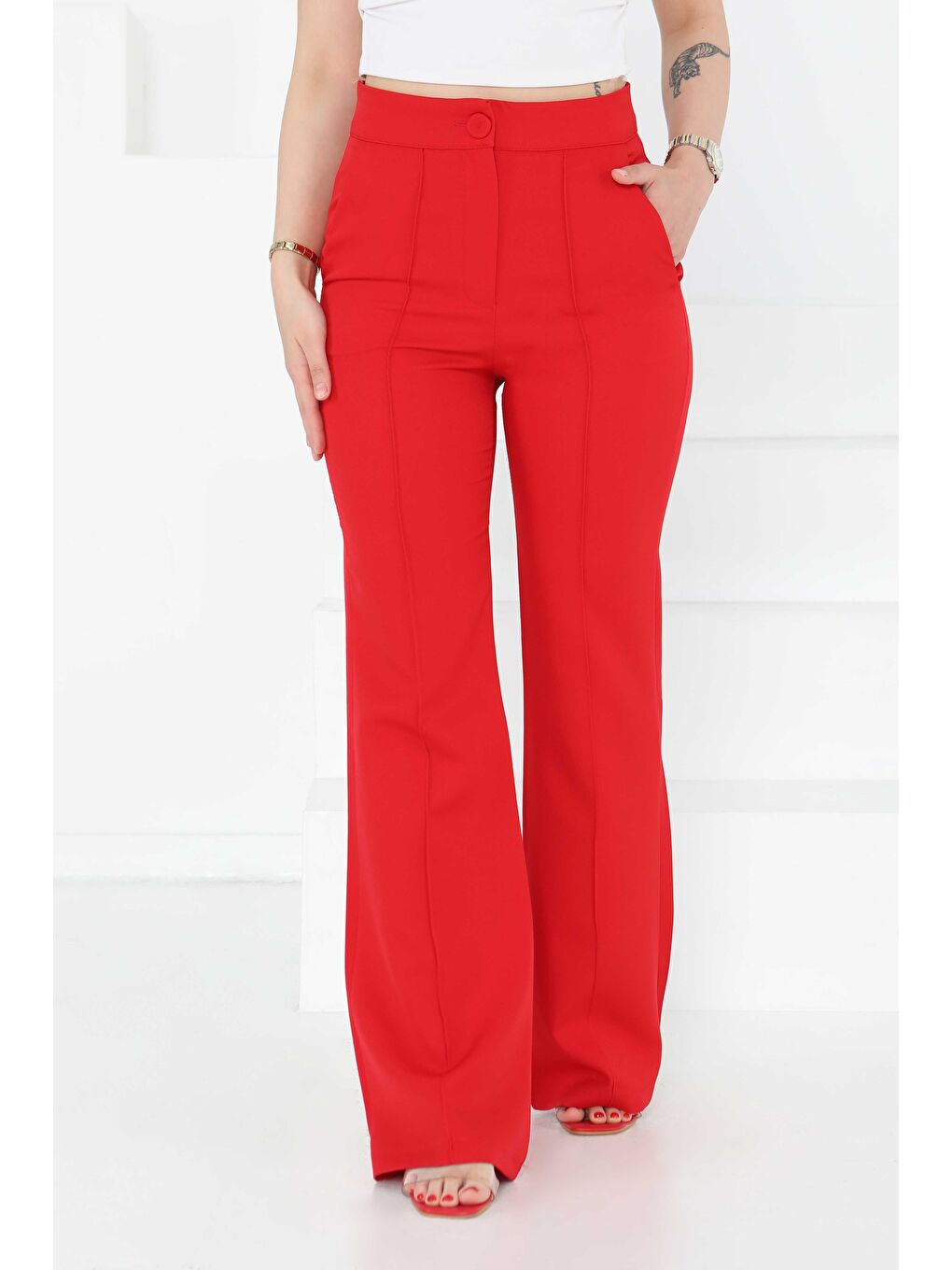 Kırmızı Çımalı Kumaş Pantolon Kirmizi - 27247-2