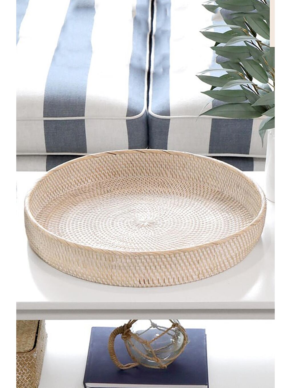 Bej Wicker El Örgüsü Rattan Sepet Tepsi L-50 Cm