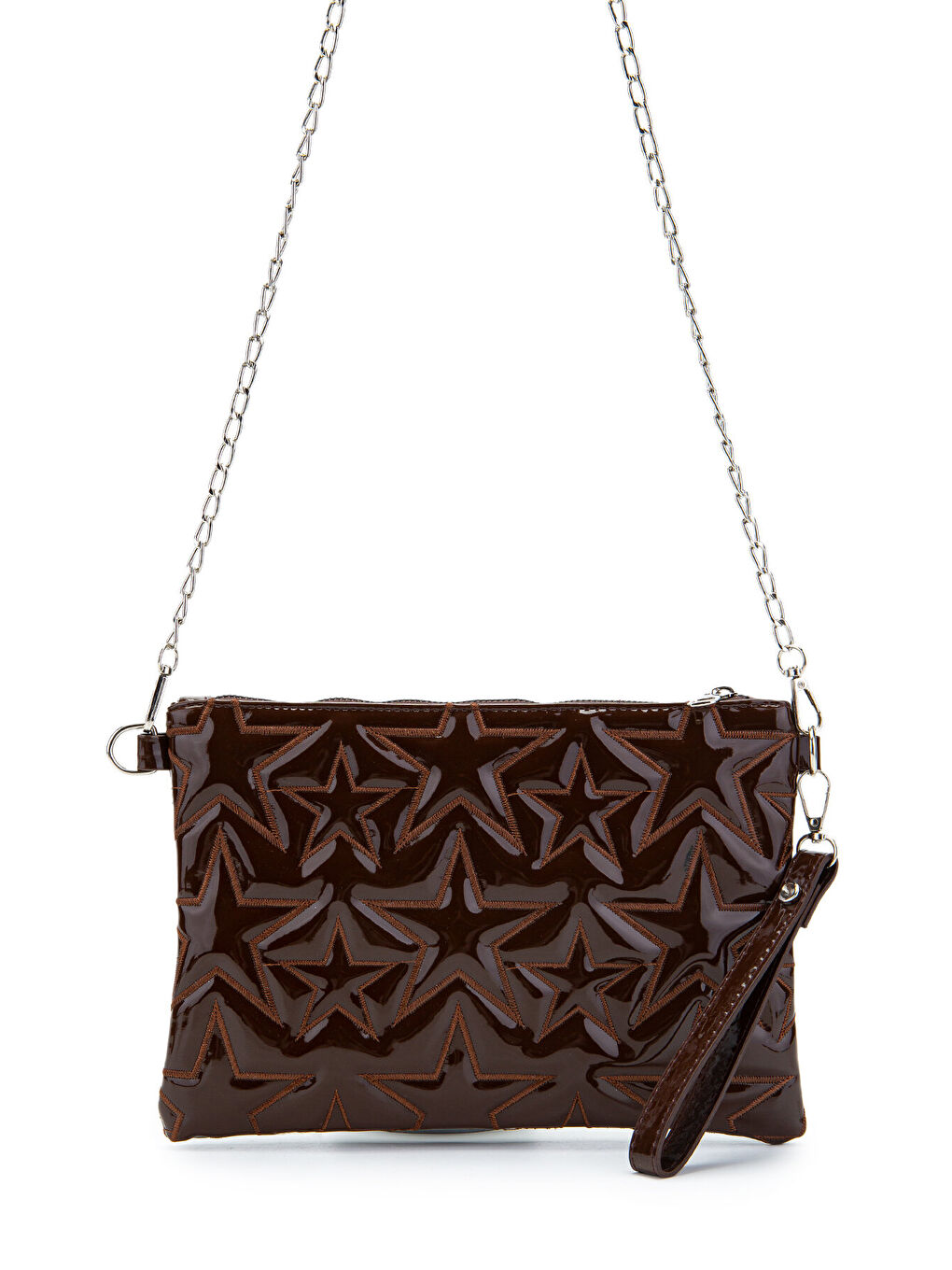 Yıldız Dikişli Clutch Star Kadın Çanta Kahverengi Rugan-1