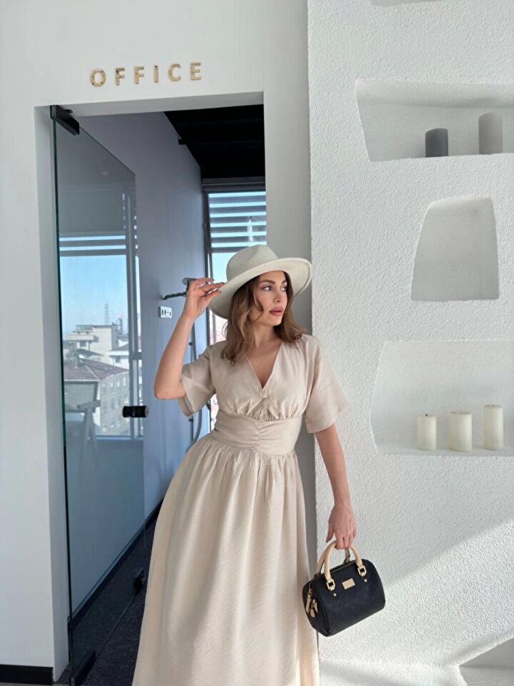 Kısa Kollu Uzun Elbise - Kırık Beyaz-2