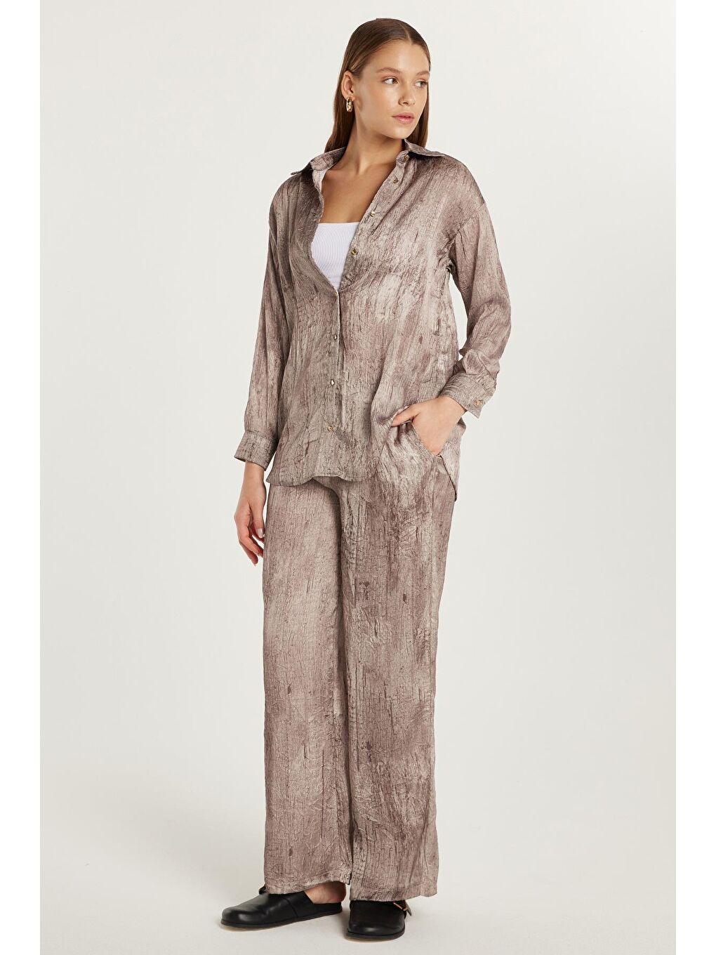 Bej Kadın Slim Fit Lastikli Baskılı Geniş Paça Vizon Pantolon-2