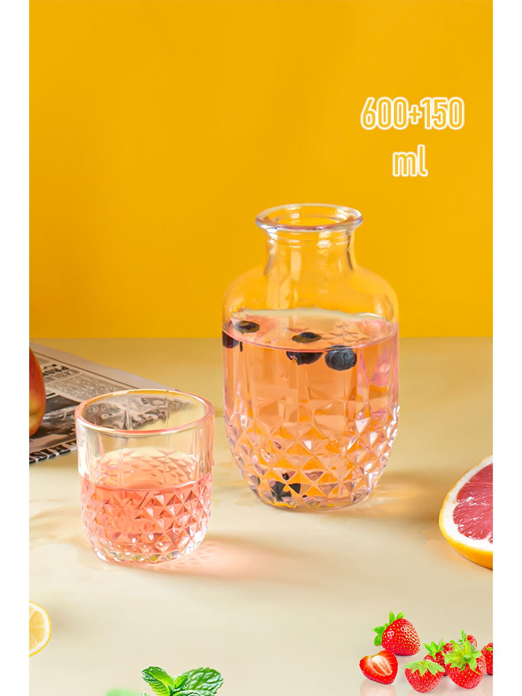 Renksiz 003 Başucu Sürahisi Bardaklı Sürahi 600+150 ml Sürahi Seti Cam Sürahi