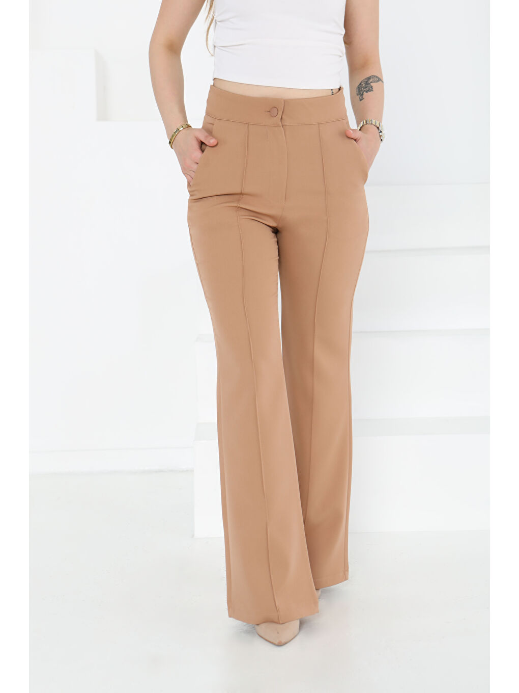 Bej Çımalı Kumaş Pantolon Vizon - 27247-1