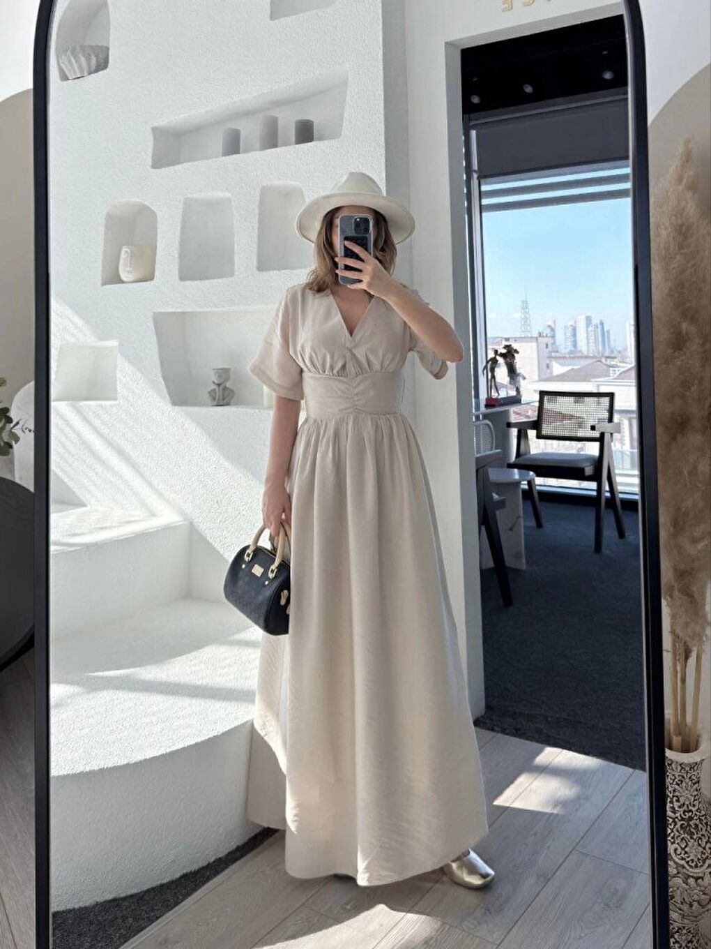 Kısa Kollu Uzun Elbise - Kırık Beyaz-3