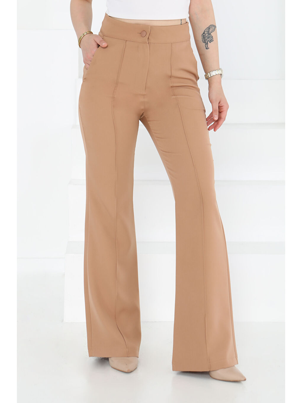 Bej Çımalı Kumaş Pantolon Vizon - 27247-2