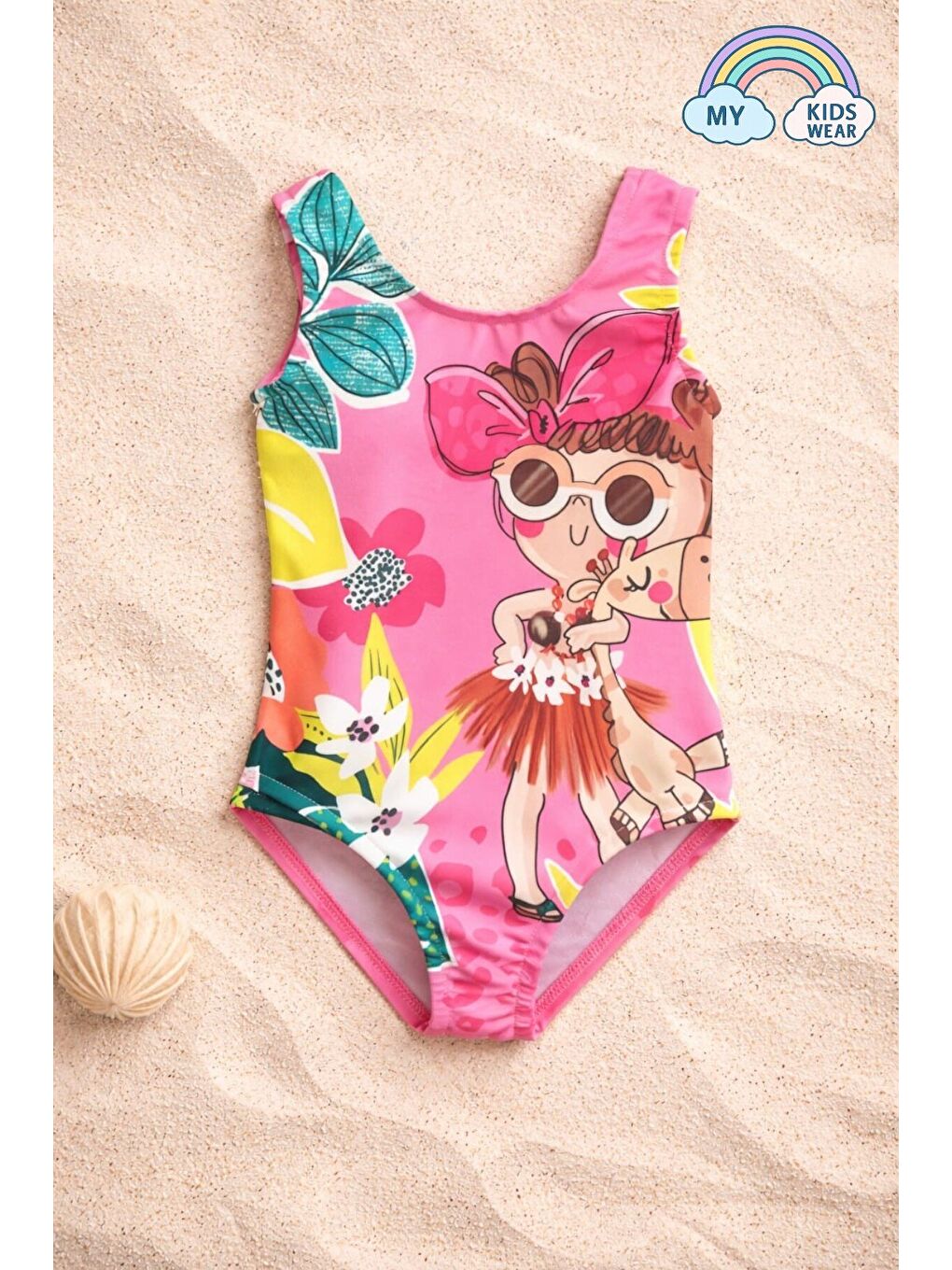 Kız Çocuk Pembe Tropikal Desenli Sevimli Kız Figürlü Mayo 12688-1