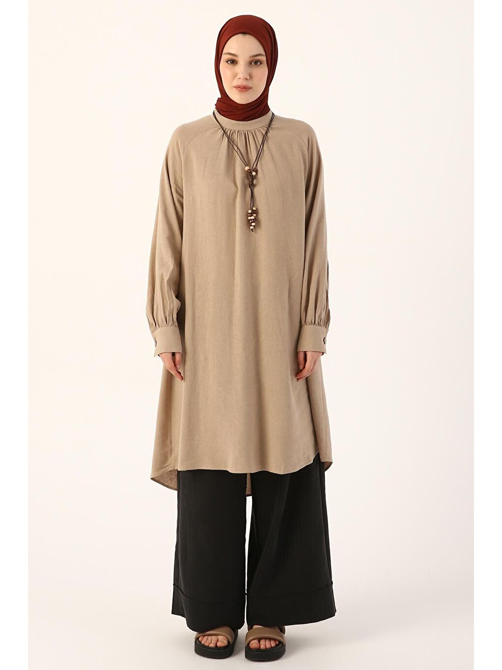 Bej Vizon Hakim Yaka Kolyeli Viskon Keten Gömlek-1