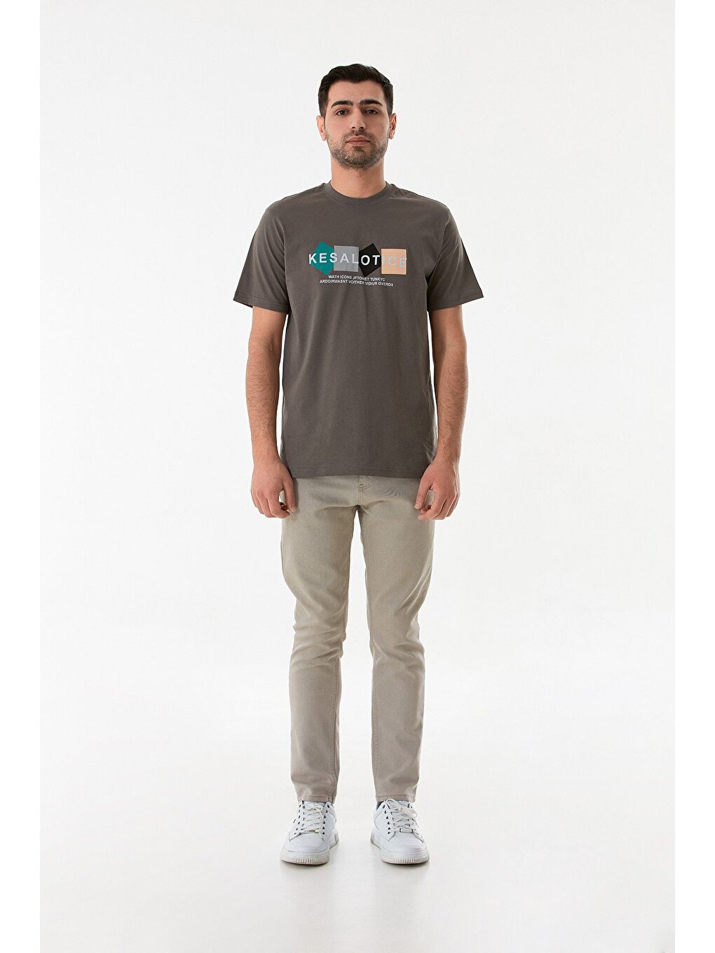 Gri Baskılı Bisiklet Yaka %100 Pamuk Tişört-1