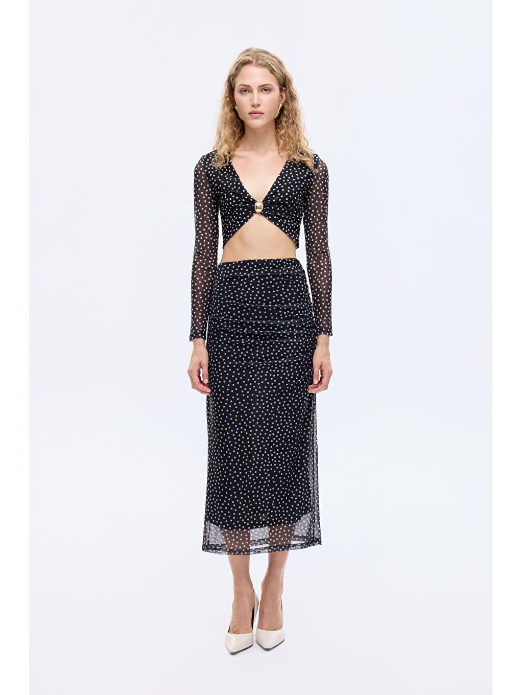 Puantiyeli Drape Detaylı Transparan Midi Etek Siyah-2