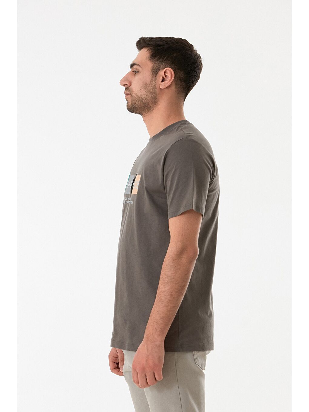 Gri Baskılı Bisiklet Yaka %100 Pamuk Tişört-2