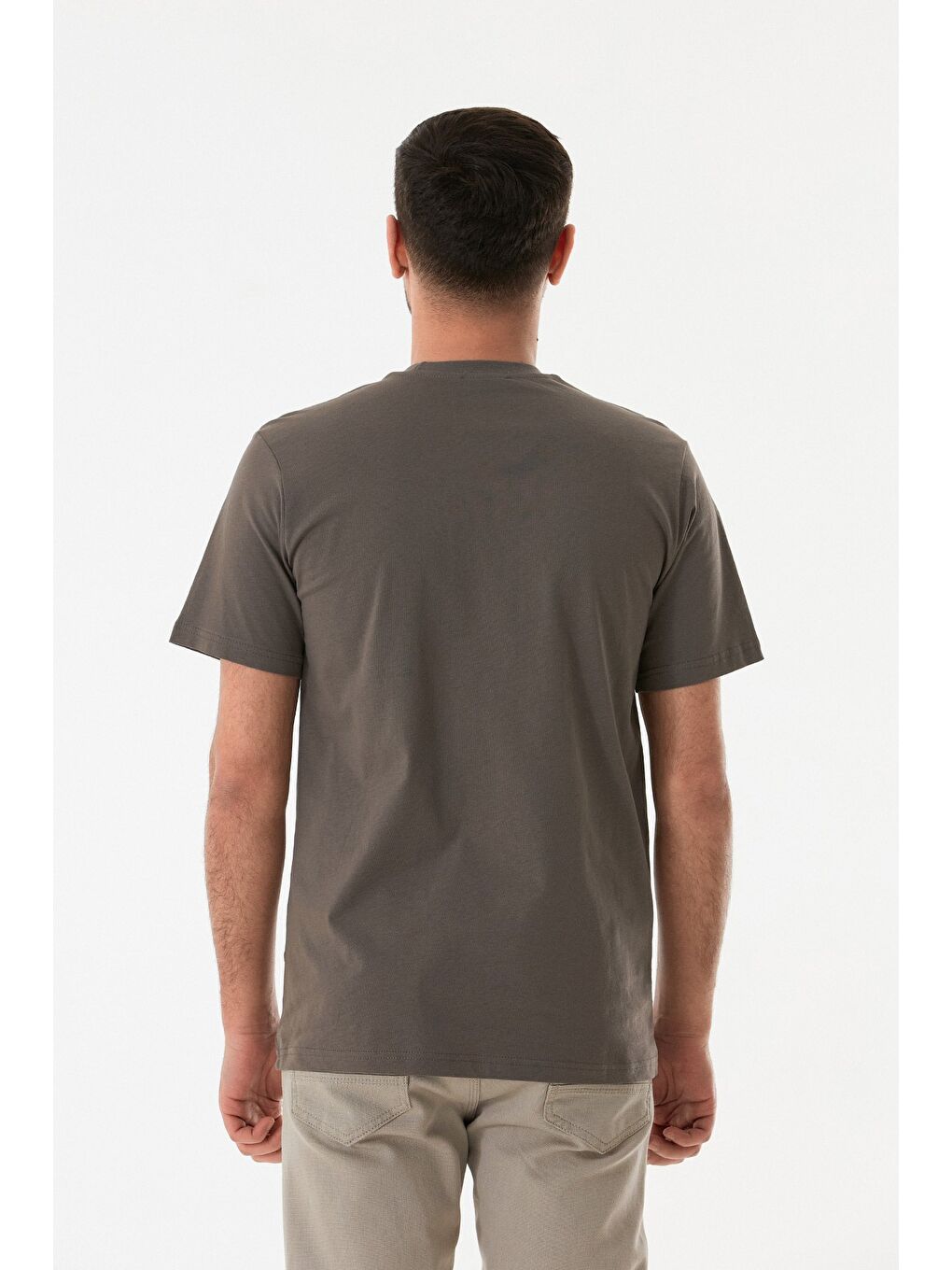 Gri Baskılı Bisiklet Yaka %100 Pamuk Tişört-3