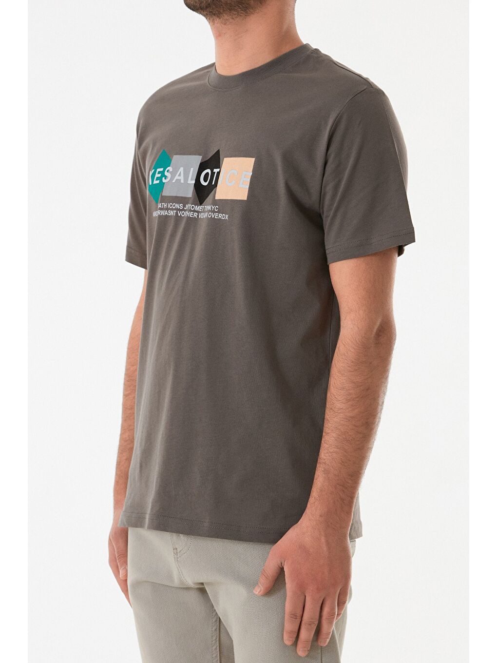 Gri Baskılı Bisiklet Yaka %100 Pamuk Tişört-4