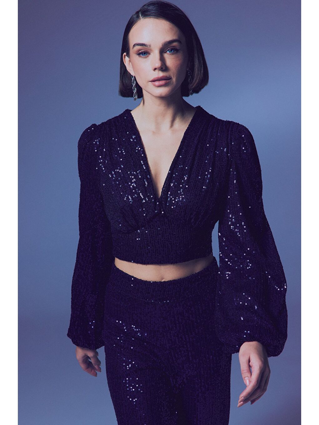 Kruvaze Payetli Crop Bluz - Lacivert