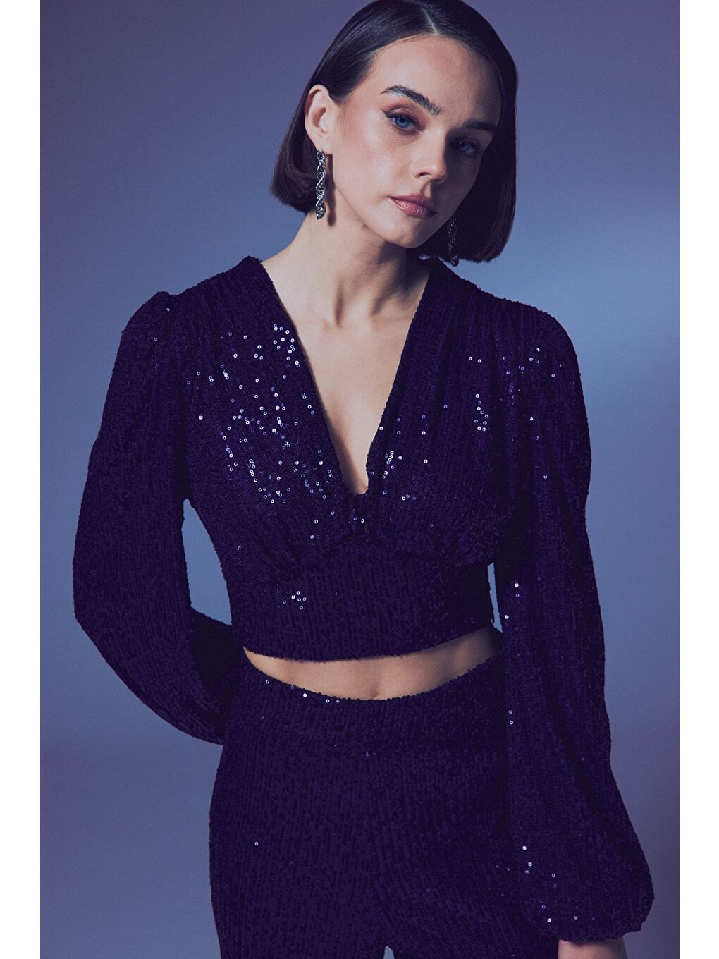 Kruvaze Payetli Crop Bluz - Lacivert-1