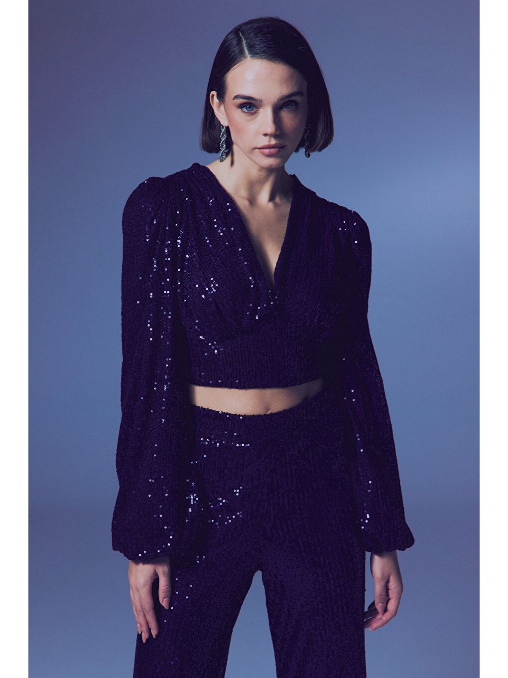 Kruvaze Payetli Crop Bluz - Lacivert-2