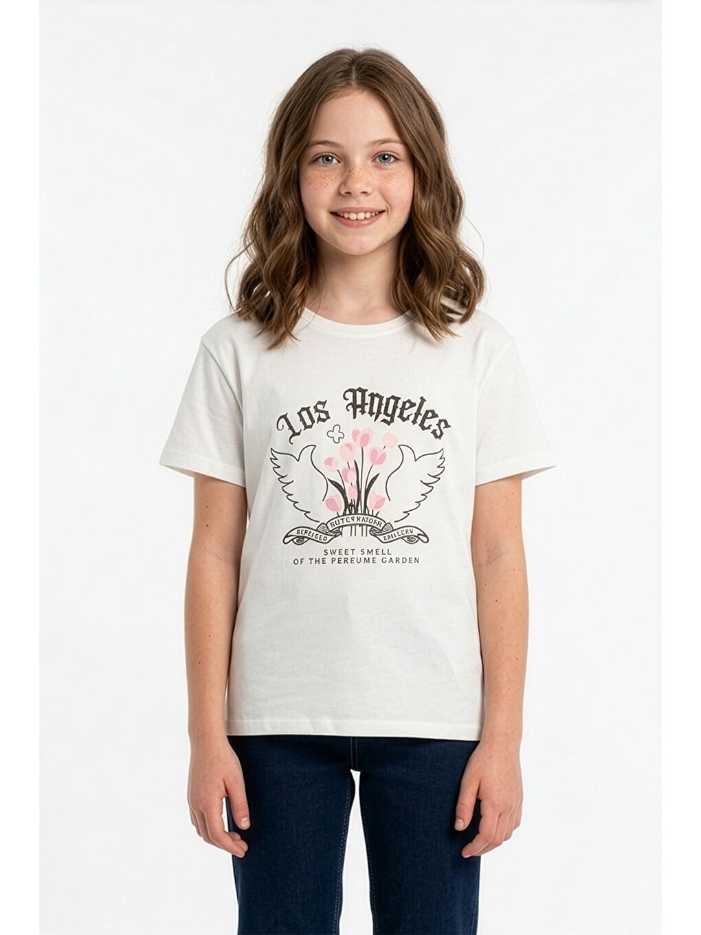 Ekru Los Angeles Ve Lale Baskılı Kız Çocuk Tişört-2
