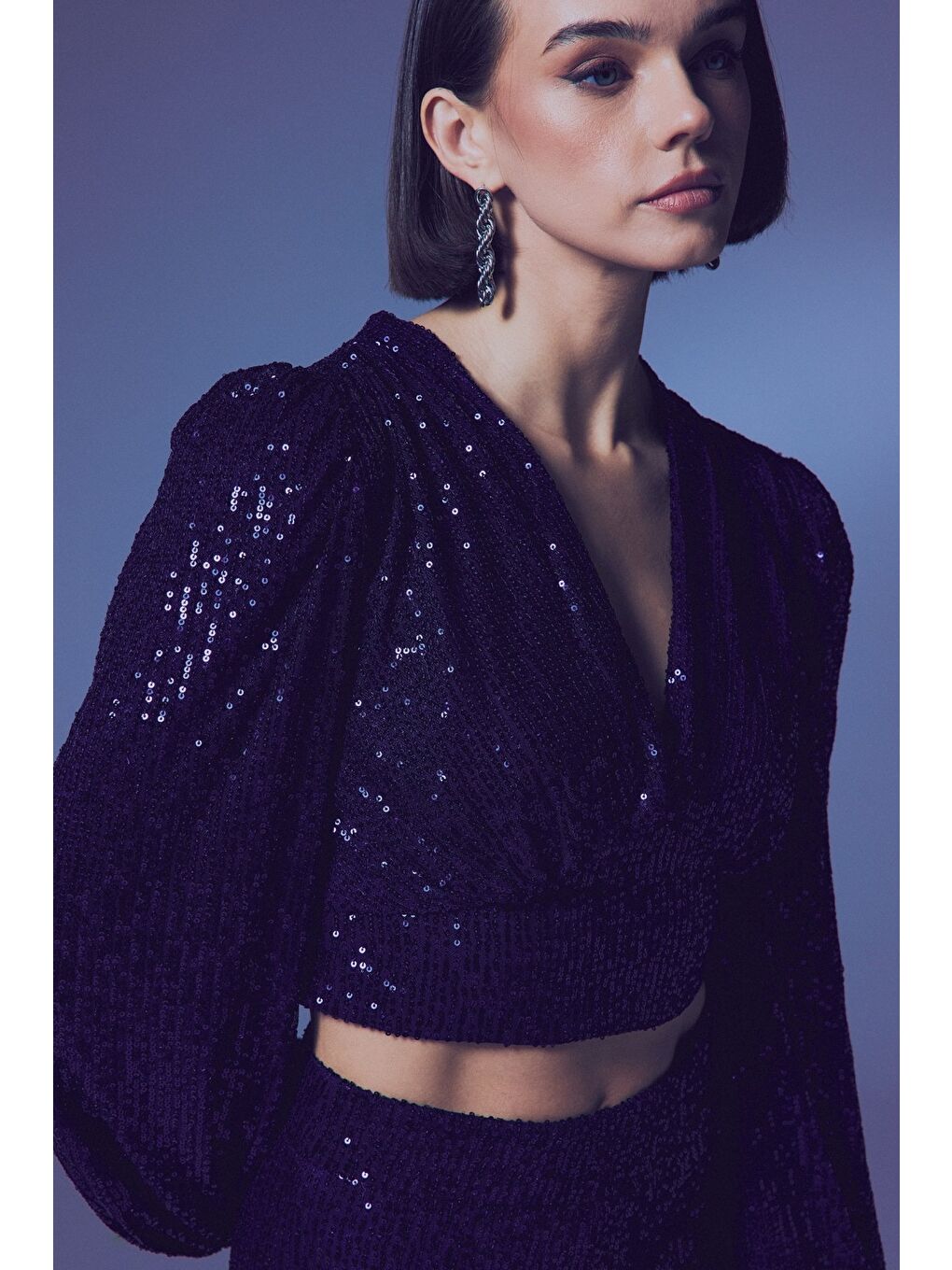 Kruvaze Payetli Crop Bluz - Lacivert-3