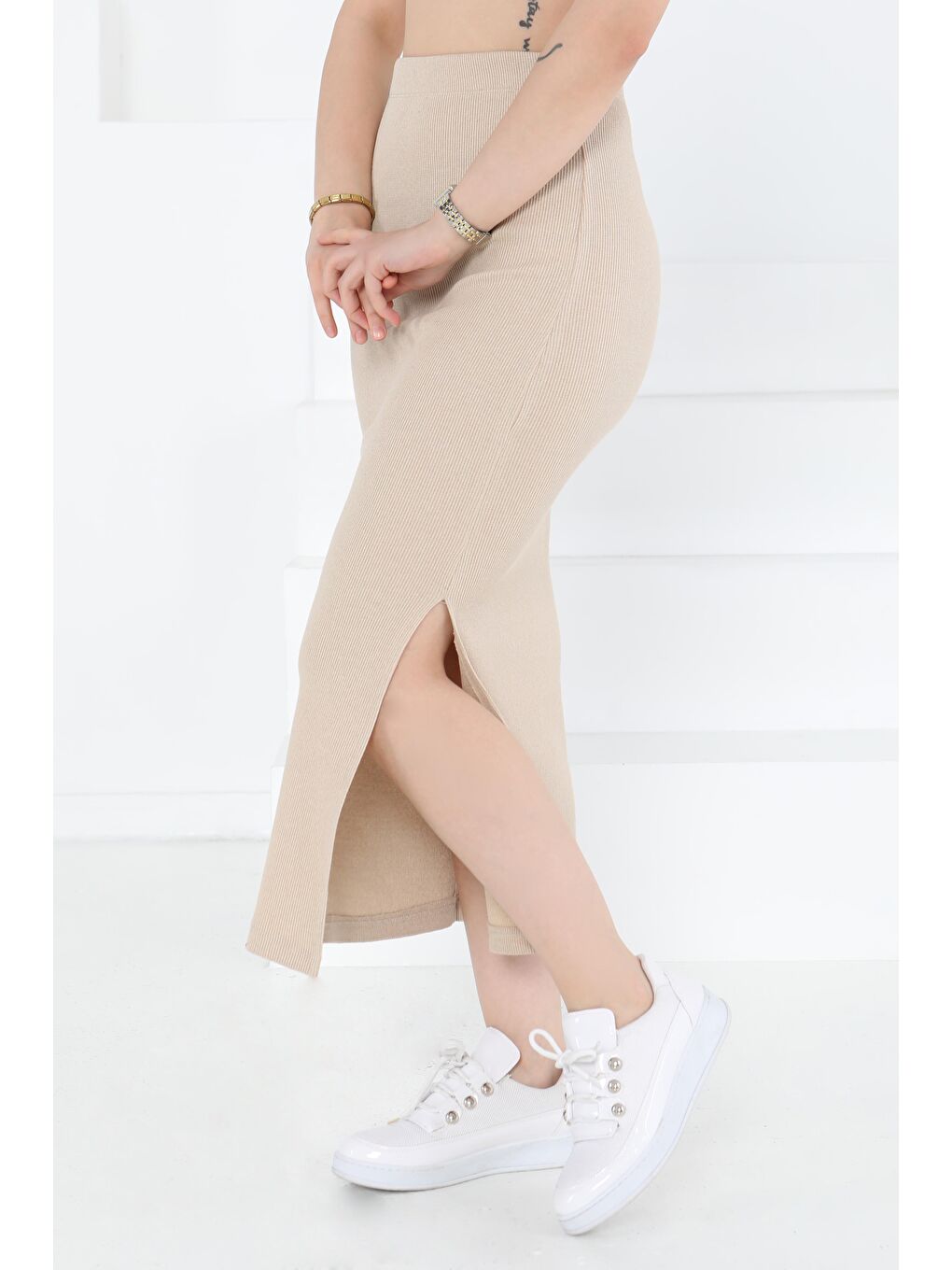 Yırtmaçlı Etek Bej - 27233