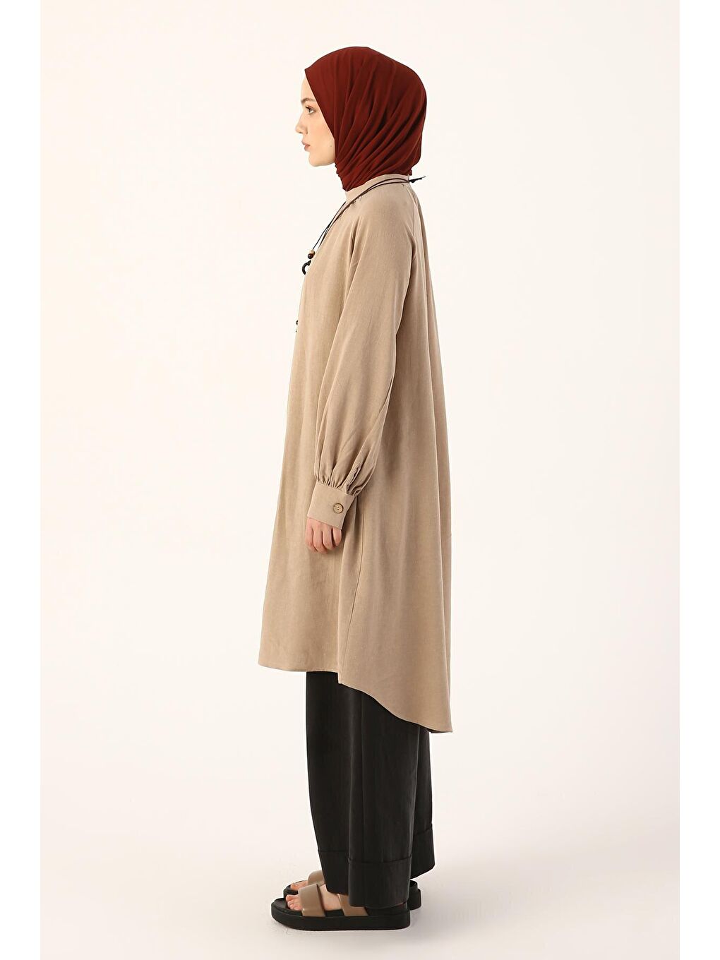 Bej Vizon Hakim Yaka Kolyeli Viskon Keten Gömlek-2