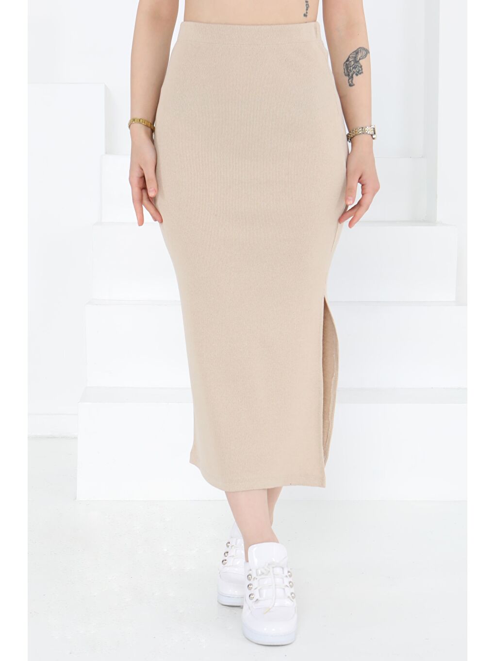 Yırtmaçlı Etek Bej - 27233-1