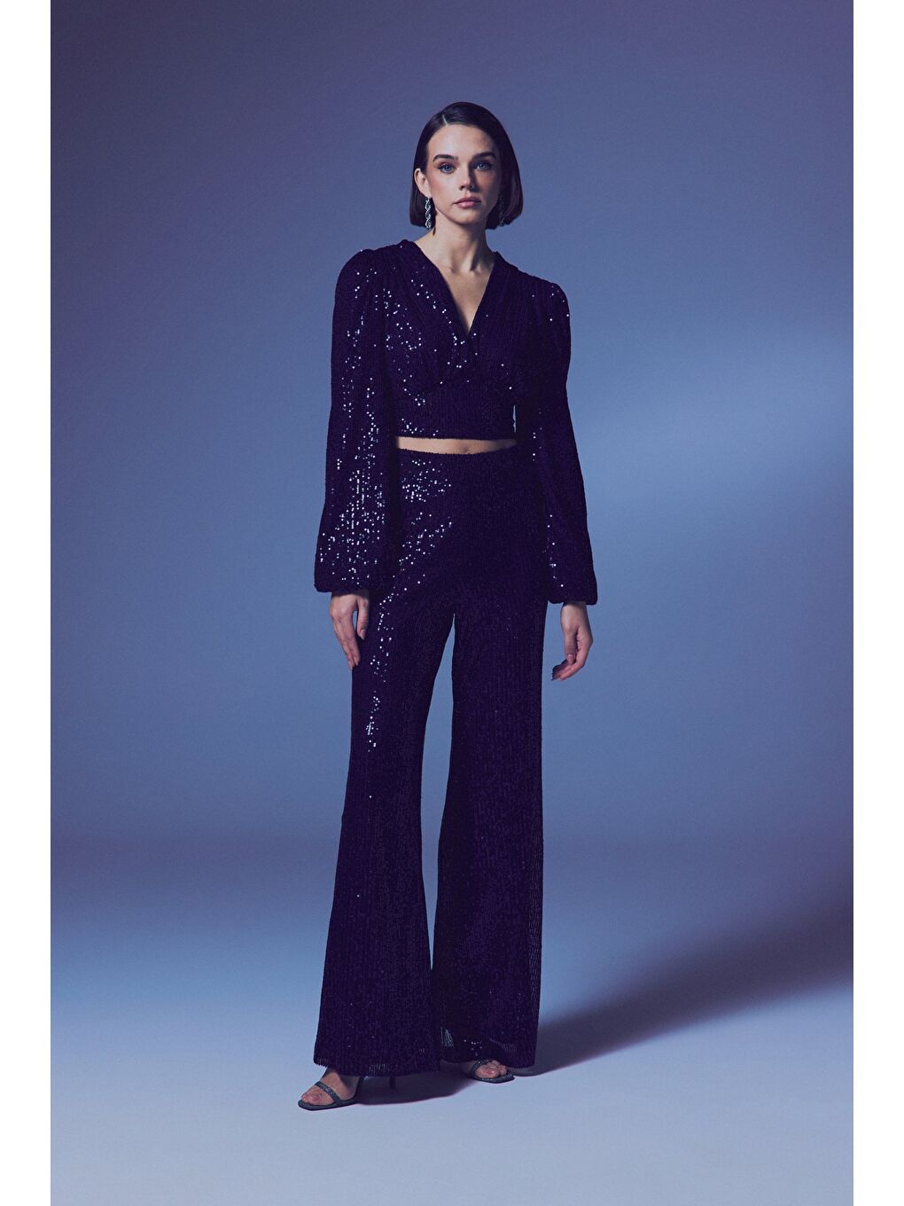 Kruvaze Payetli Crop Bluz - Lacivert-4