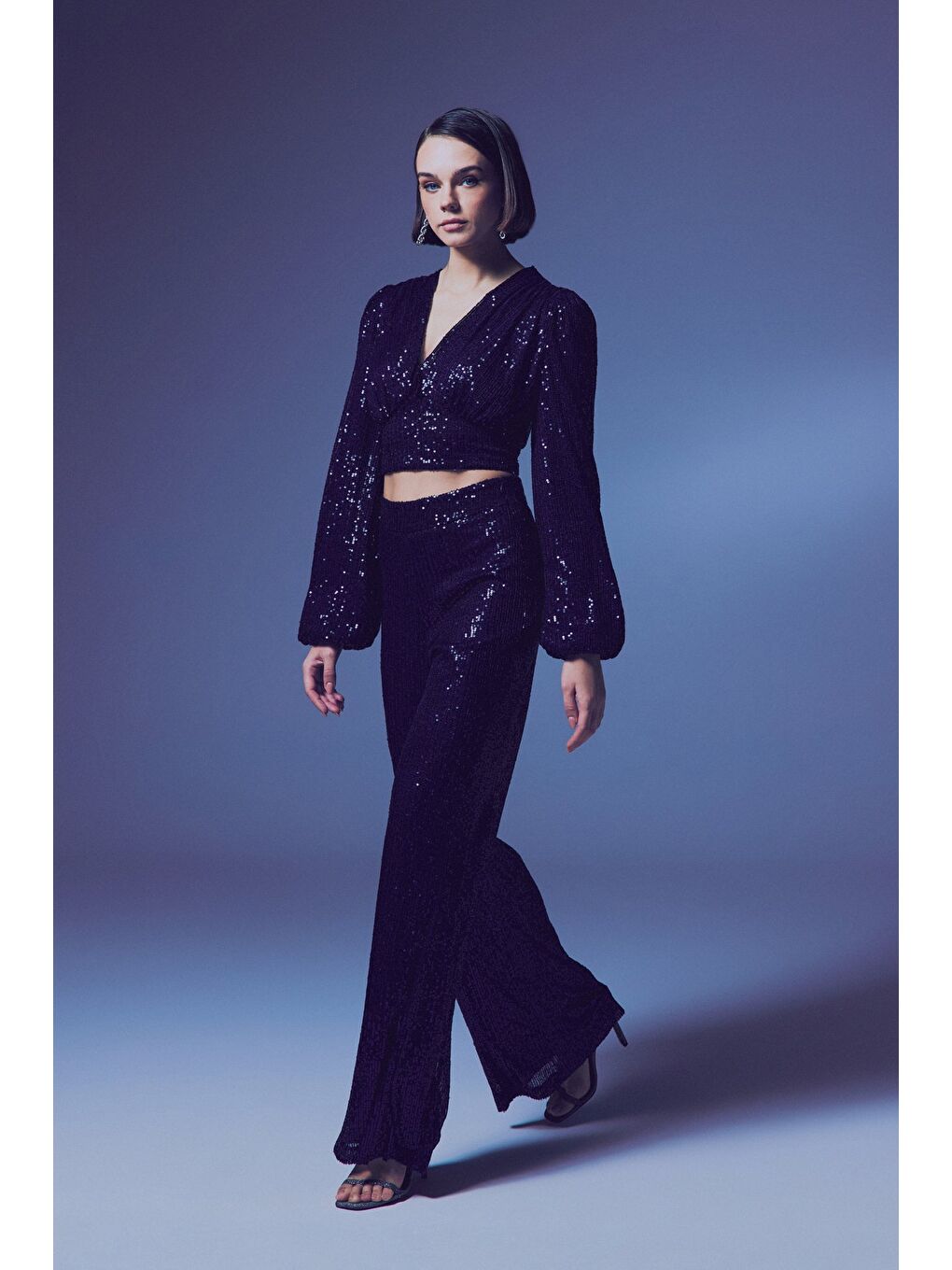 Kruvaze Payetli Crop Bluz - Lacivert-5