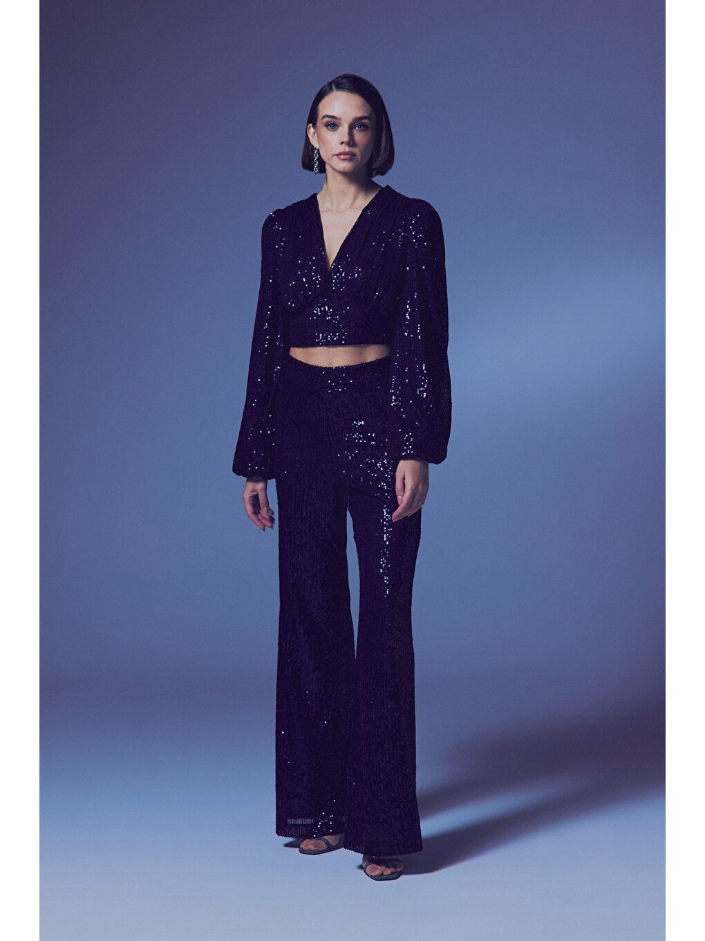 Kruvaze Payetli Crop Bluz - Lacivert-6