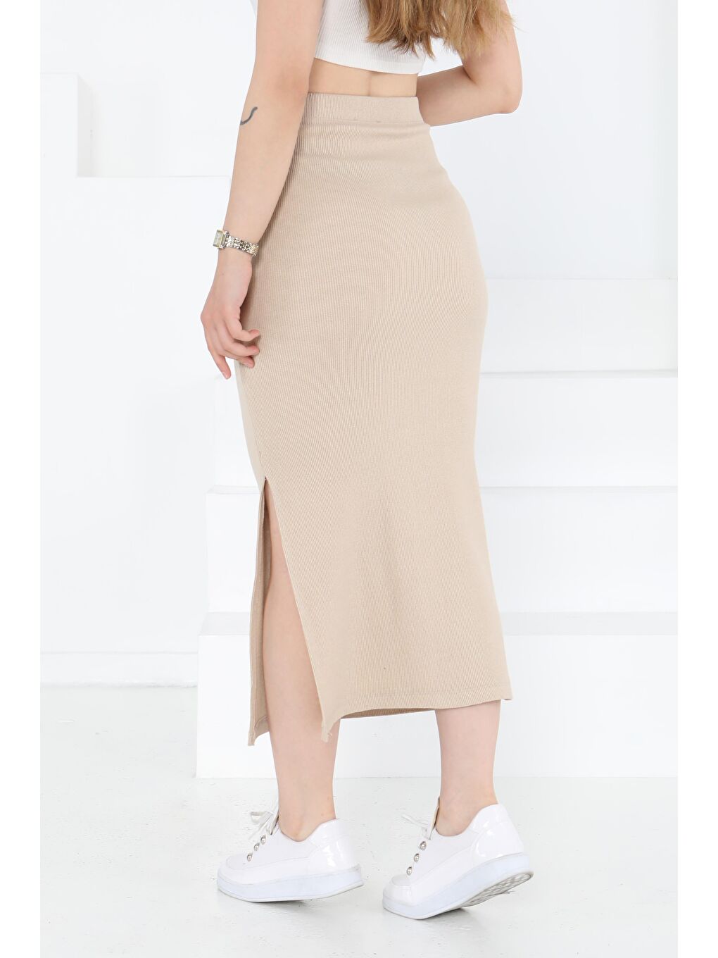 Yırtmaçlı Etek Bej - 27233-3