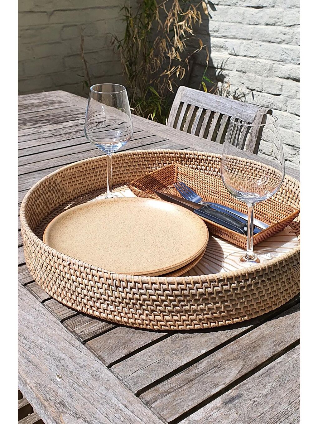Bej Wicker El Örgüsü Rattan Sepet Tepsi L-50 Cm-7