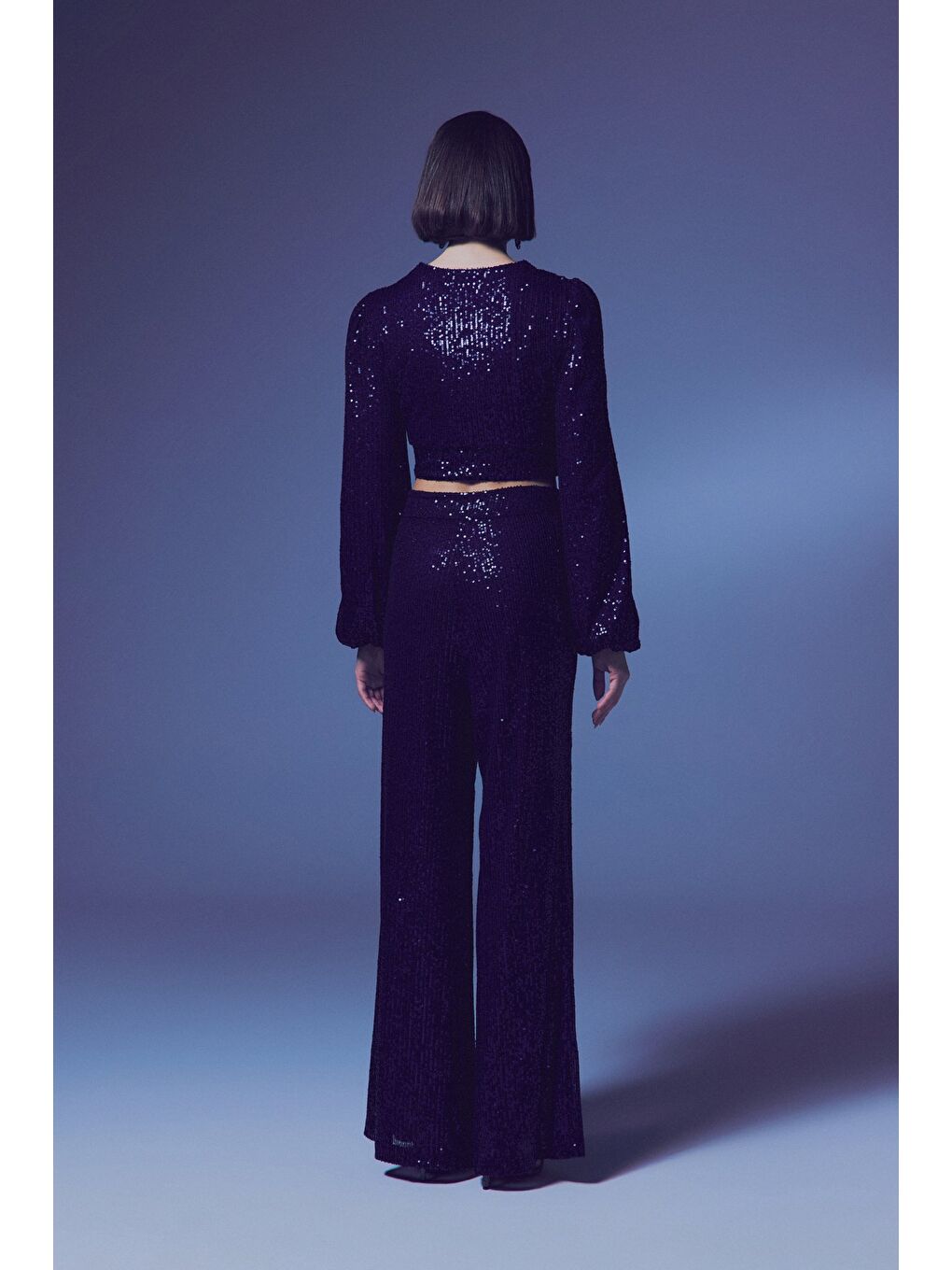 Kruvaze Payetli Crop Bluz - Lacivert-7