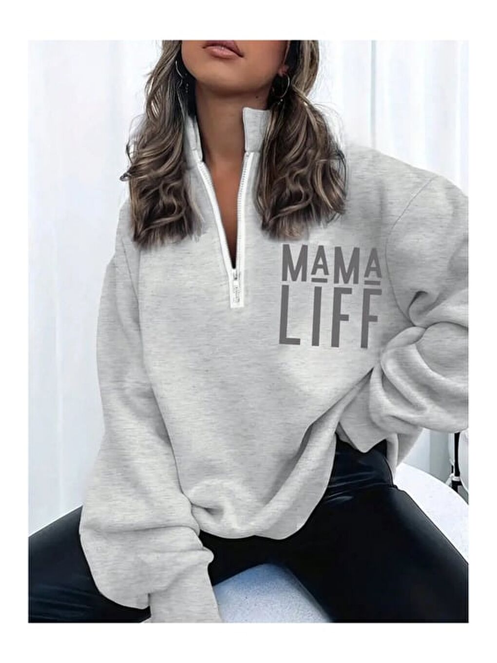 Trendseninle Gri Kadın Gri Mama Life Baskılı Oversize Sweatshirt