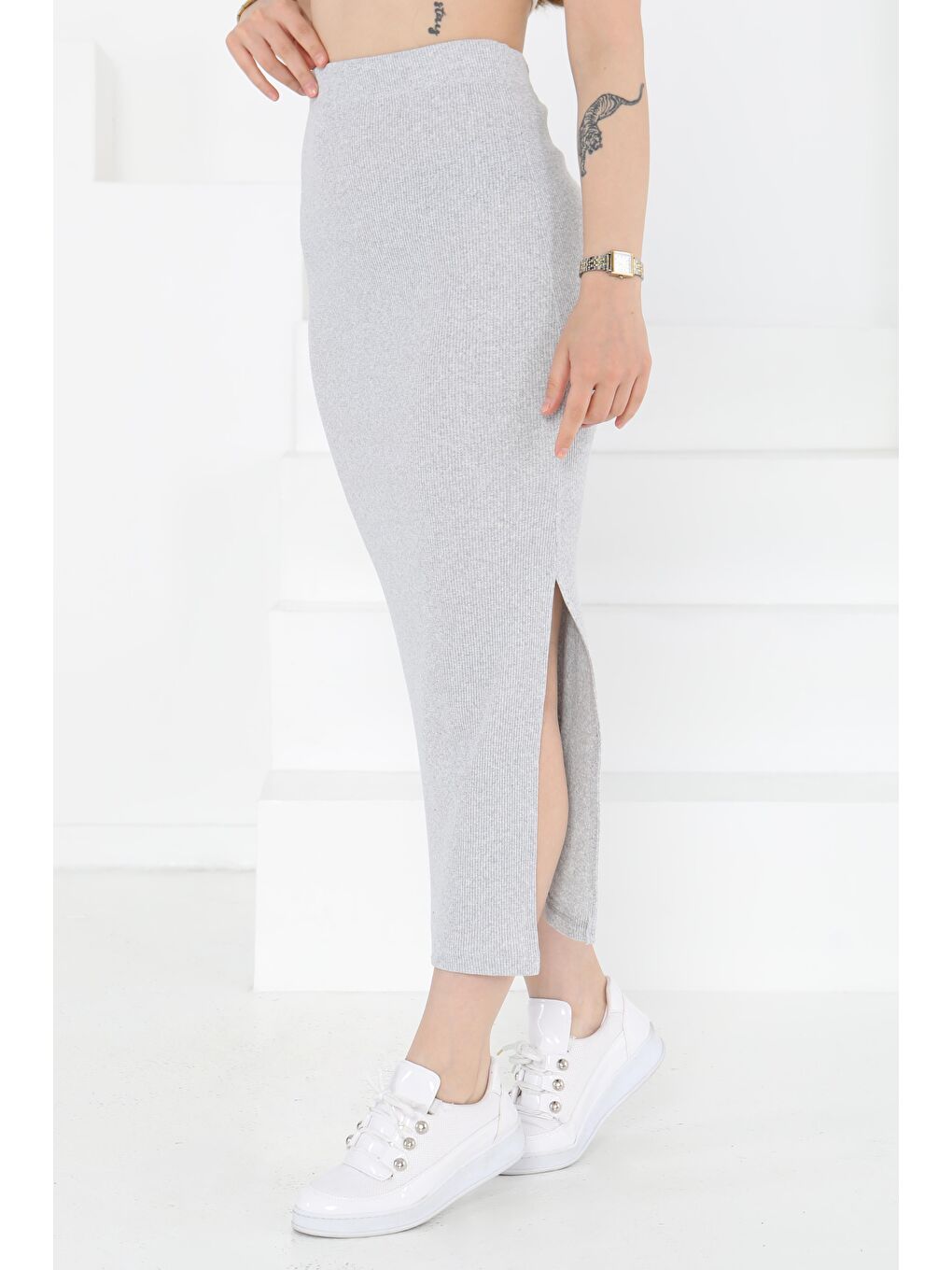 Yırtmaçlı Etek Gri - 27233-1