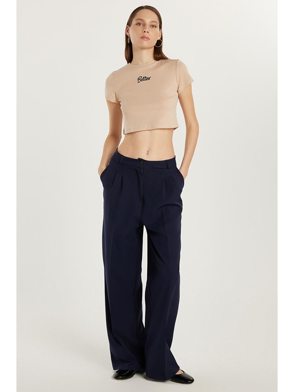 Kadın Regular Fit Pileli İspanyol Paça Lacivert Pantolon-2