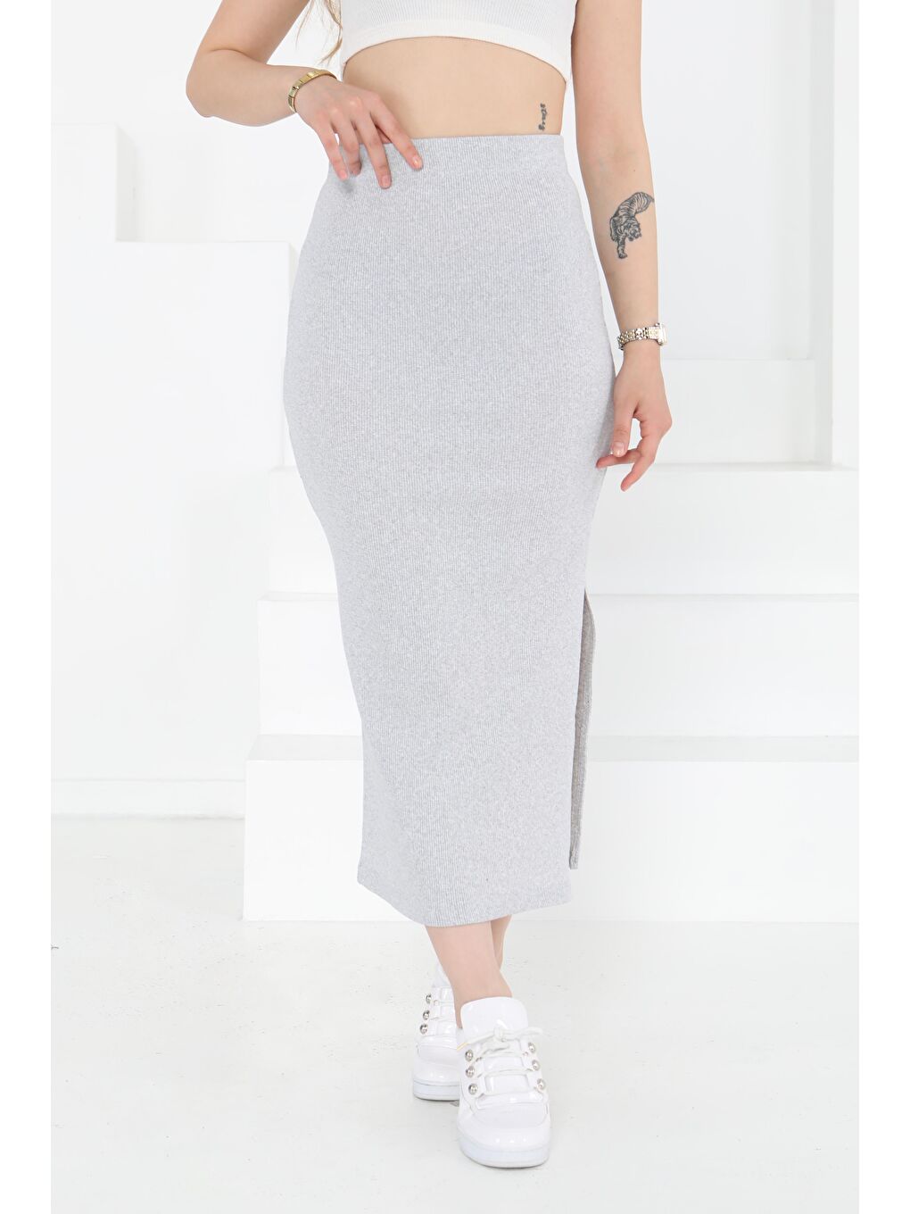 Yırtmaçlı Etek Gri - 27233-2
