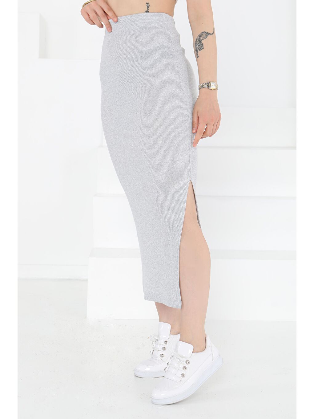 Yırtmaçlı Etek Gri - 27233-3