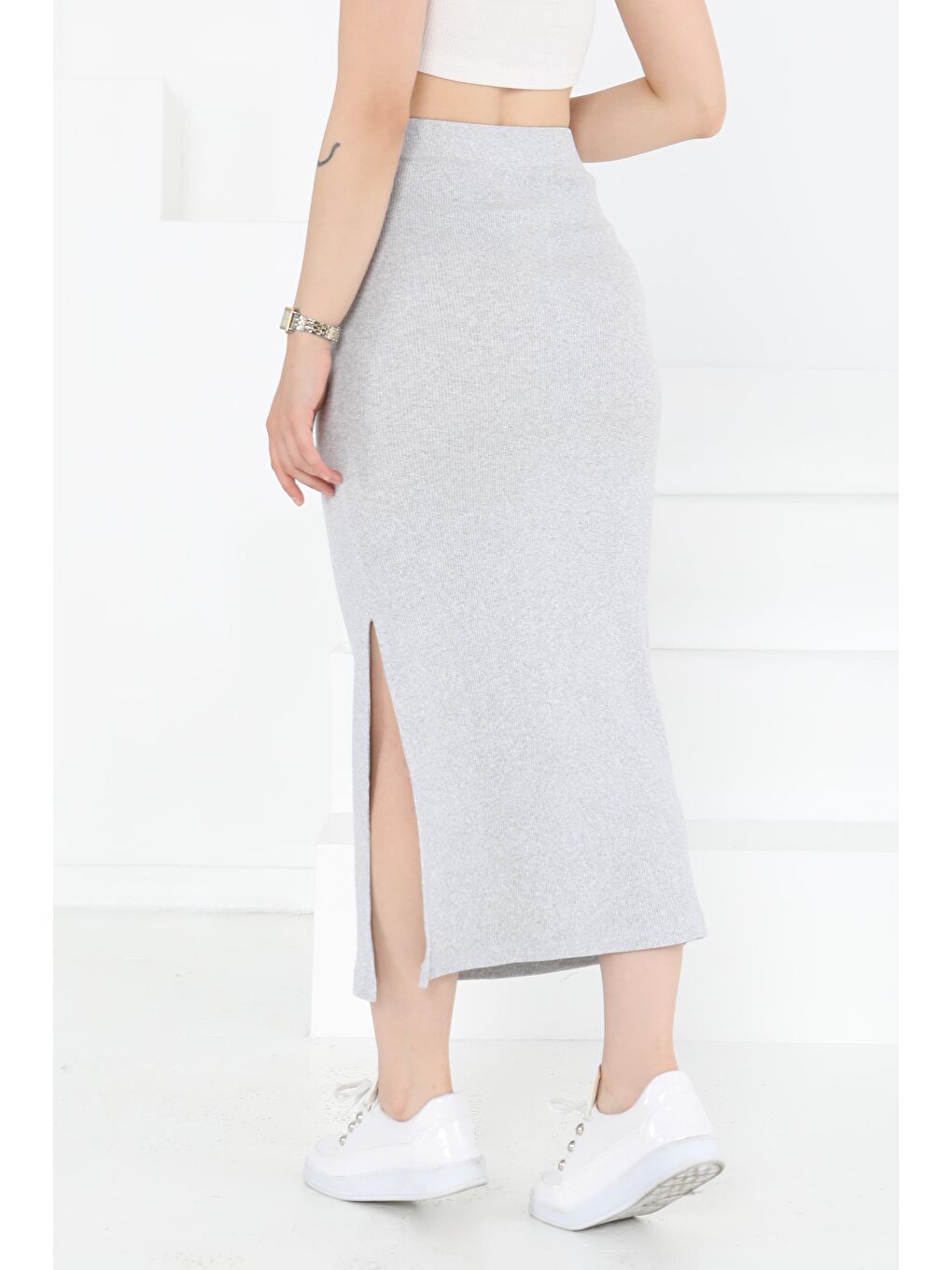 Yırtmaçlı Etek Gri - 27233-4
