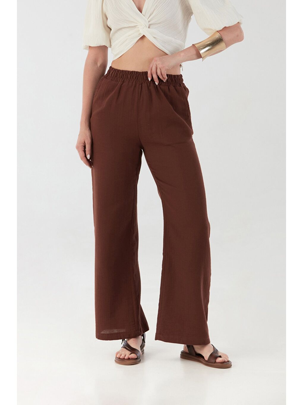 Kahverengi Beli Lastikli Cepli Keten Pantolon-1