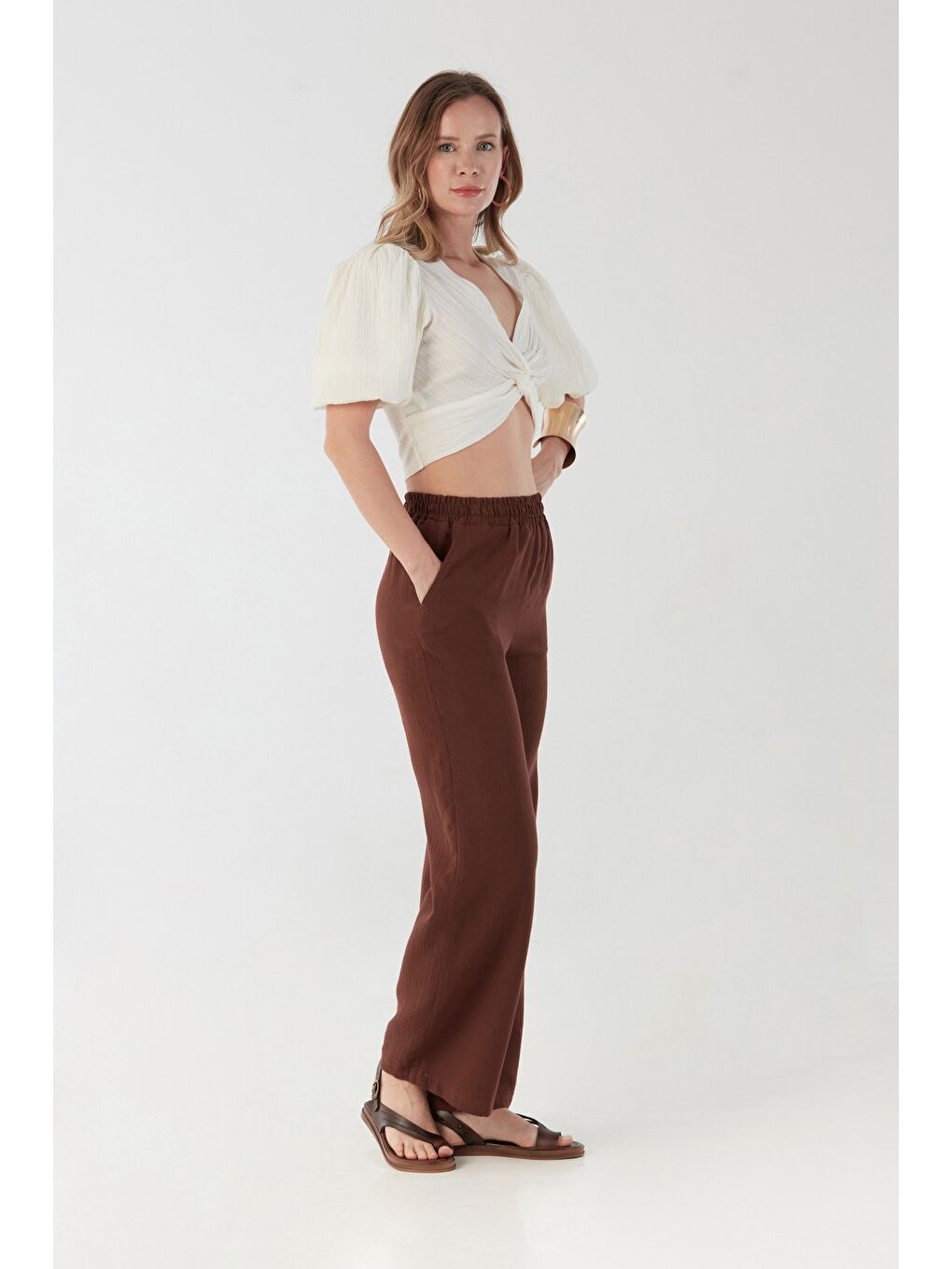 Kahverengi Beli Lastikli Cepli Keten Pantolon-2