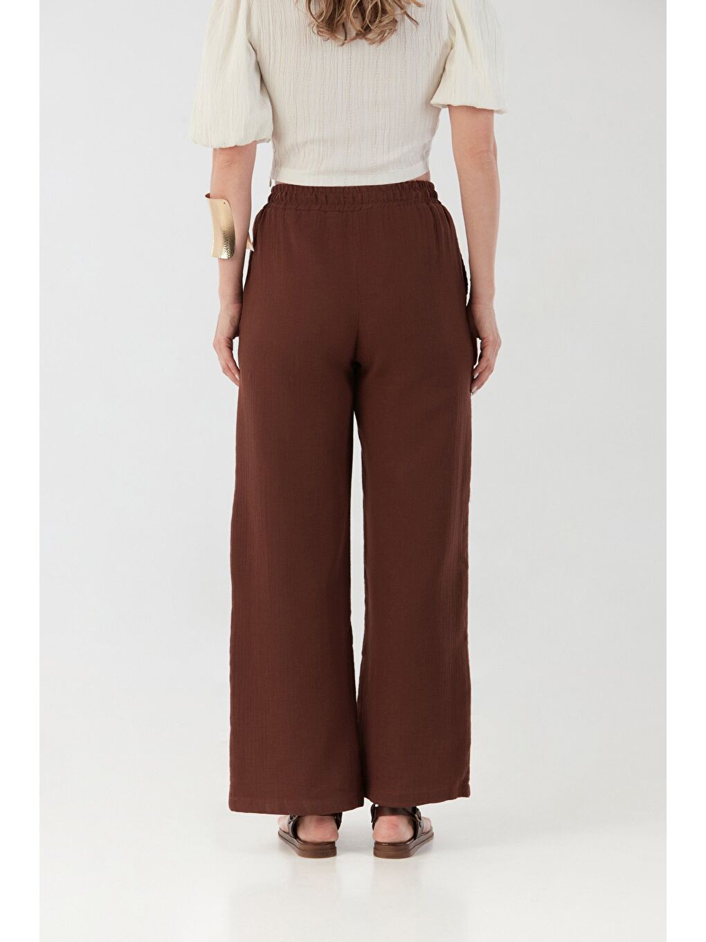 Kahverengi Beli Lastikli Cepli Keten Pantolon-3