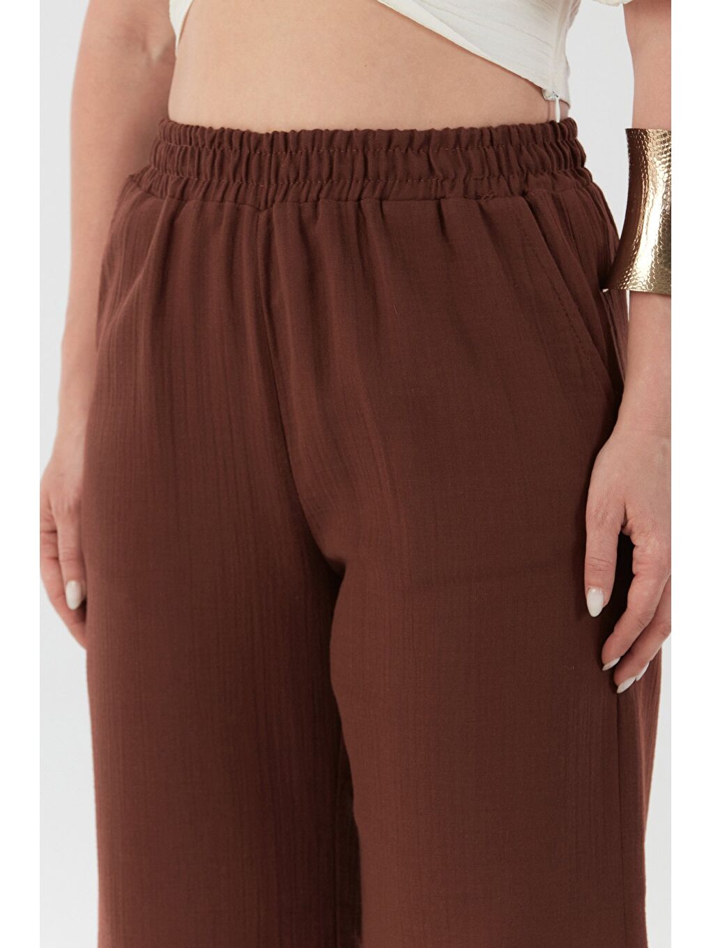 Kahverengi Beli Lastikli Cepli Keten Pantolon-4