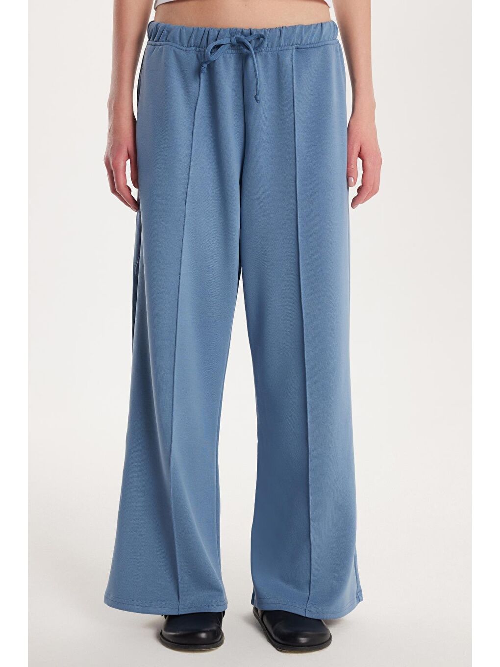 Kadın Modal Kumaş Slim Fit Dar Kesim Beli Lastikli Bağcıklı Mavi Pantolon