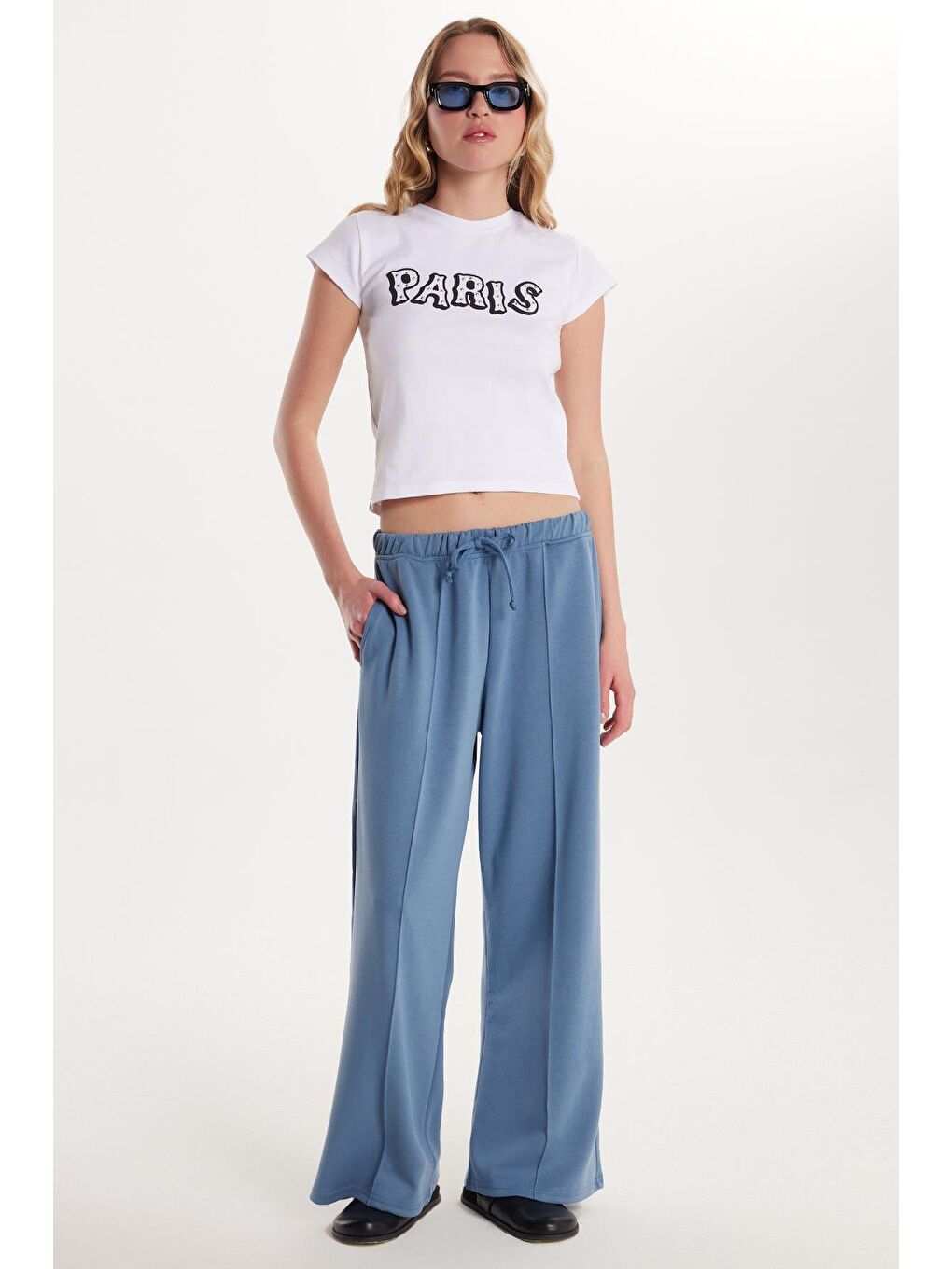 Kadın Modal Kumaş Slim Fit Dar Kesim Beli Lastikli Bağcıklı Mavi Pantolon-1