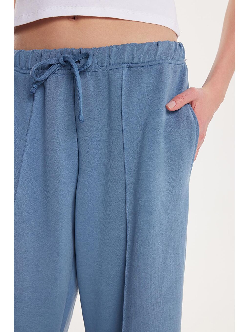 Kadın Modal Kumaş Slim Fit Dar Kesim Beli Lastikli Bağcıklı Mavi Pantolon-2