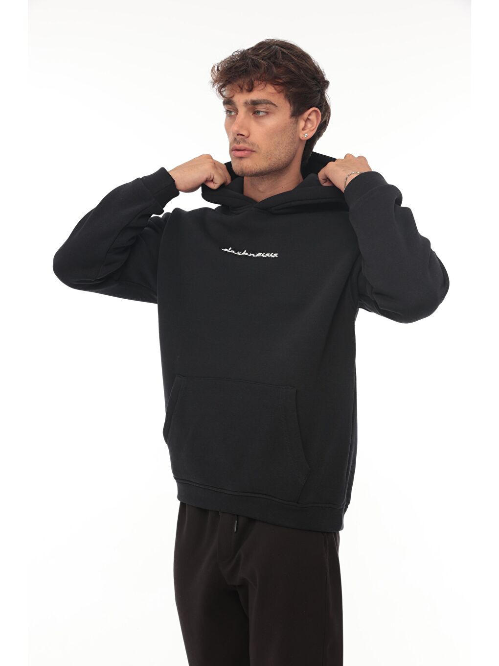 Miron Lacivert Sırtı Etnik Baskılı Kapüşonlu Üç İplik Oversize Sweatshirt 2438 - 5