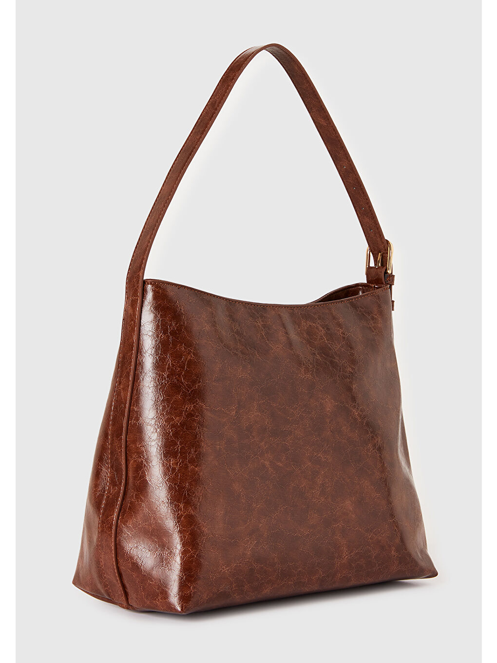 Kadın Koyu Kahverengi Suni Deri Parlak Fermuarlı Omuz Çantası-1