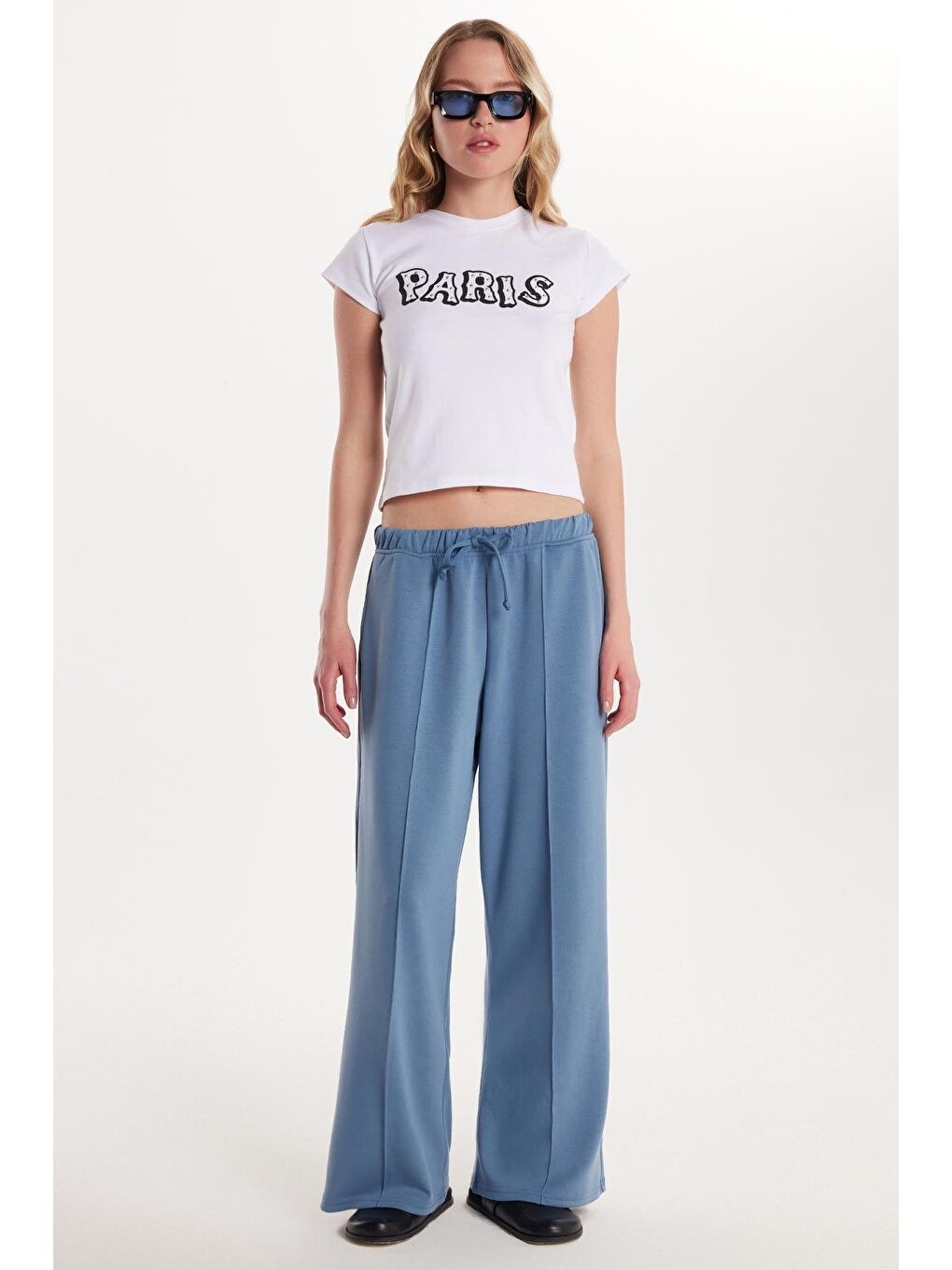 Kadın Modal Kumaş Slim Fit Dar Kesim Beli Lastikli Bağcıklı Mavi Pantolon-3