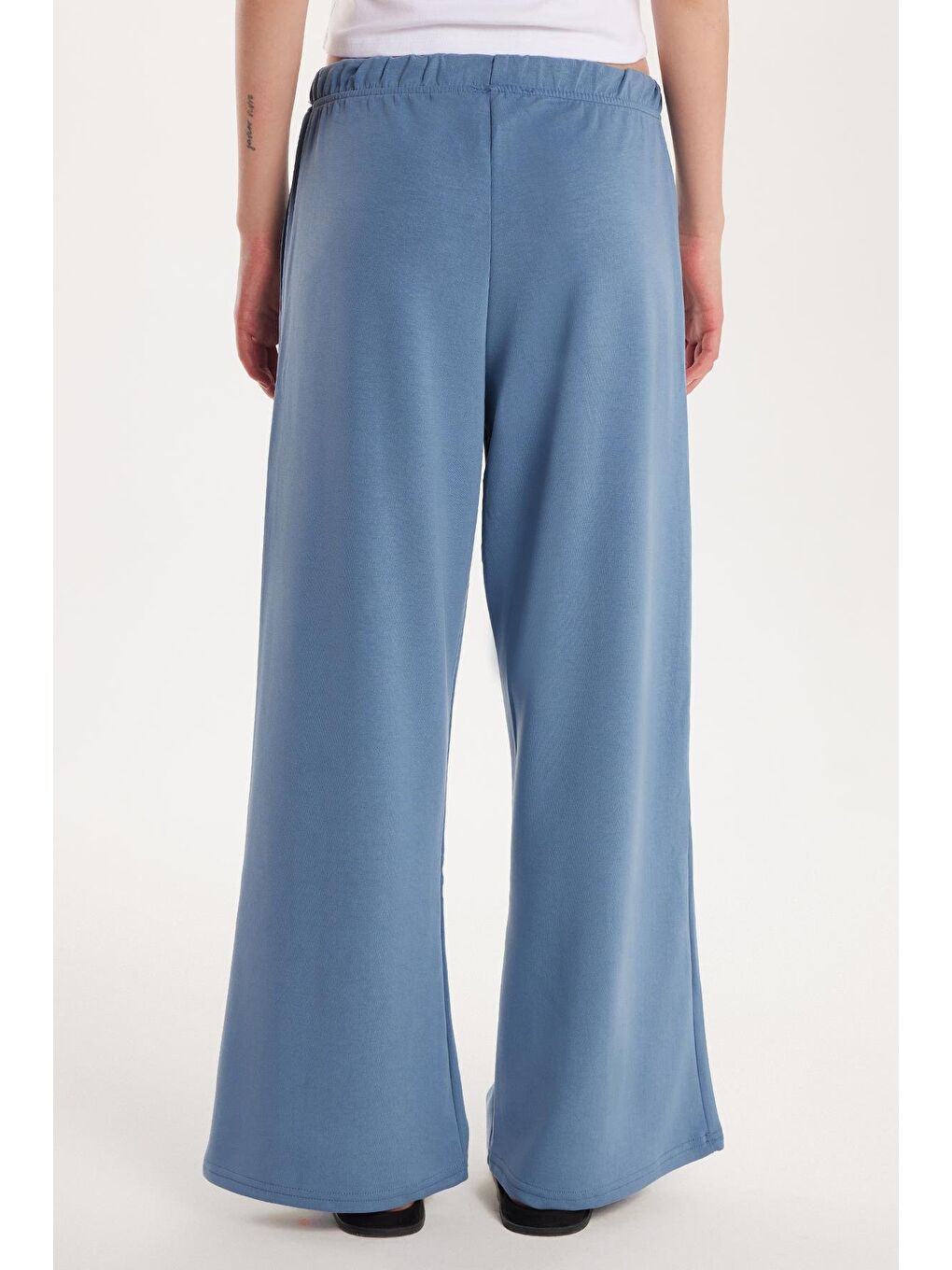 Kadın Modal Kumaş Slim Fit Dar Kesim Beli Lastikli Bağcıklı Mavi Pantolon-4