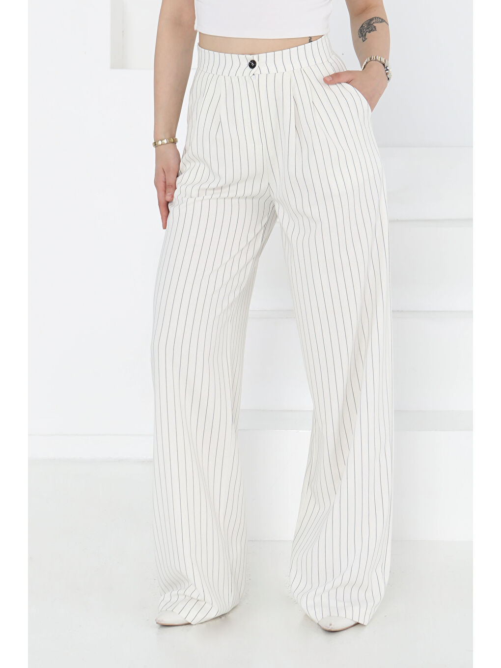 Çizgili Pantolon Beyaz - 27248-1